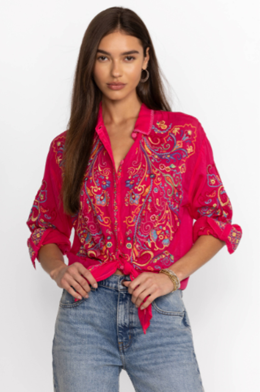 Johnny Was Cachemire Embroidered Button-Down Tunic Shirt Ultra Pink Womens XXL